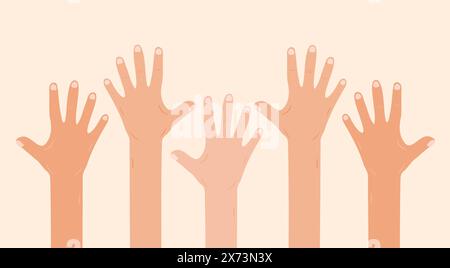 Raised hands illustration with diverse skin tones Stock Vector