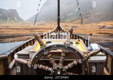 Viking ship in Icelandic viking village. On deck panoramic view and ship design details interior. Famous visit destination and tourist attraction Stock Photo