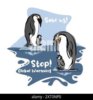Global warming poster design. Ecological catastrophe. Save Arctic and arctic animals. Save environment. Save penguins and polar bears Stock Vector