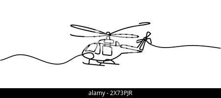 continuous line helicopter in flight. Drawing black thin line on white background Stock Vector