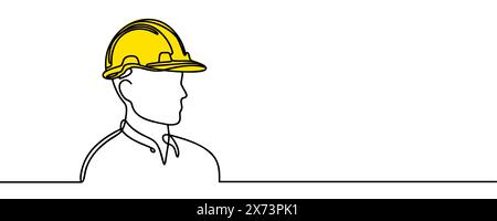 Single continuous line drawing of a young builder. Business concept of building architecture. Single line vector. Stock Vector