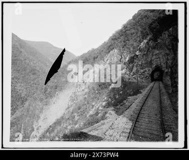 Three tunnels, Temasopa sic Canon, The, Attribution to Jackson based on Catalogue of the W.H. Jackson Views (1898)., Negative in focus, but broken and obscured by paper between the two glass sheets., '110' on negative., Detroit Publishing Co. no. 04101., Gift; State Historical Society of Colorado; 1949,  Canyons. , Tunnels. , Mountain railroads. , Mexico, Tamasopo River. Stock Photo