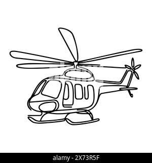continuous line helicopter in flight. Drawing black thin line on white background Stock Vector