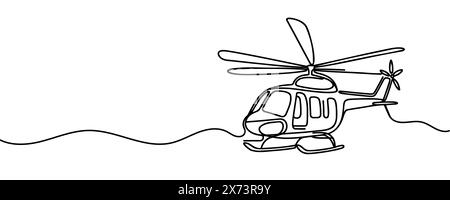 continuous line helicopter in flight. Drawing black thin line on white background Stock Vector