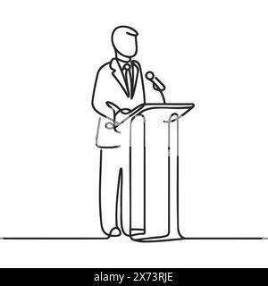 A man in a suit behind the podium, one continuous line of speeches on the podium Stock Vector