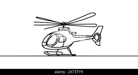 continuous line helicopter in flight. Drawing black thin line on white background Stock Vector