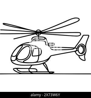 continuous line helicopter in flight. Drawing black thin line on white background Stock Vector