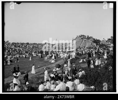 Unveiling tablet commemorating first settelment sic of Mass. Bay Colony, Stage Fort Park, Gloucester, Mass., Tablet Rock., '4308' on negative., Detroit Publishing Co. no. 070077., Gift; State Historical Society of Colorado; 1949,  Parks. , Pilgrims (New Plymouth Colony) , Historical markers. , Rites & ceremonies. , United States, Massachusetts, Gloucester. Stock Photo