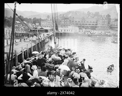 Passengers arriving at pier, Avalon, Catalina Island, Calif., Title devised by cataloger., Hotel Metropole in background., '450 [, .]' on negative., Detroit Publishing Co. no. 068087., Gift; State Historical Society of Colorado; 1949,  Passengers. , Piers & wharves. , Steamboats. , United States, California, Santa Catalina Island. , United States, California, Avalon. Stock Photo