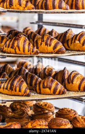 Freshly baked chocolate croissants in a shelf cart in a bakery Stock Photo