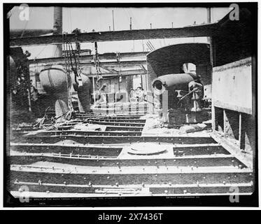 Wreck of the Maria Teresa, Battle of Santiago, 1898, starboard spar deck, 1898, Date based on Detroit, Catalogue J (1901)., '824' on negative., Detroit Publishing Co. no. 021525., Gift; State Historical Society of Colorado; 1949,  Infanta Maria Teresa (Ship) , Government vessels, Spanish. , Santiago, Battle of, Santiago de Cuba, Cuba, 1898. , Naval warfare. , War damage. , Cuba, Santiago de Cuba. Stock Photo