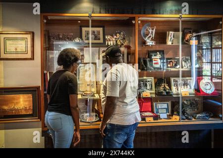 (240517) -- JOHANNESBURG, May 17, 2024 (Xinhua) -- Tourists view the exhibits at the Nelson Mandela National Museum in Soweto, South Africa, on May 17, 2024. May 18 marks International Museum Day. The Nelson Mandela National Museum, commonly referred as Mandela House, is located in Soweto, southwest of Johannesburg, where Nelson Mandela lived from 1946 to 1962. (Photo by Shiraaz Mohamed/Xinhua) Stock Photo