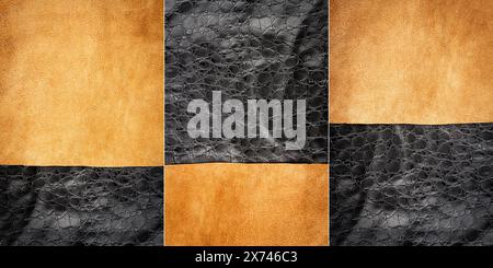 Collection of images with genuine brown and black leather textures background. Abstract vintage natural cow skins backdrop. Different leather stripes. Stock Photo