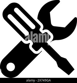 A simple black and white icon depicting a crossed wrench and screwdriver, representing repair, maintenance, or technical support services Stock Vector