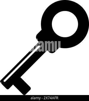 A simple, black silhouette of a key on a plain white background, representing security, access, and the concept of unlocking or opening something. Stock Vector
