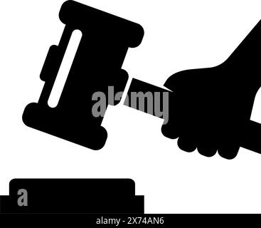 A simple black and white graphic icon depicting the silhouette of a judge's gavel and a podium or pedestal, representing legal authority, court procee Stock Vector