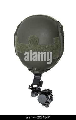 Night vision device attached to the helmet. A special device for observing in the dark. Equipment for the military, police and special forces.  Isolat Stock Photo