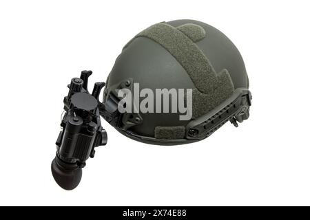 Night vision device attached to the helmet. A special device for observing in the dark. Equipment for the military, police and special forces.  Isolat Stock Photo