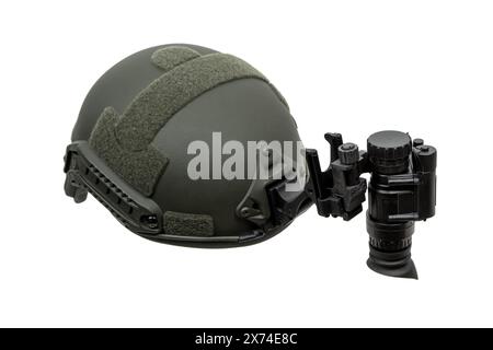 Night vision device attached to the helmet. A special device for observing in the dark. Equipment for the military, police and special forces.  Isolat Stock Photo