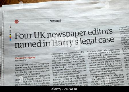 'Four newspaper editors named in Harry 's legal case' Guardian newspaper headline 10th May 2024 London UK Stock Photo