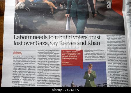 'Labour needs to rebuild voters' trust lost over Gaza, say Reeves and Khan' Guardian newspaper headline 8 May 2024 London UK Stock Photo