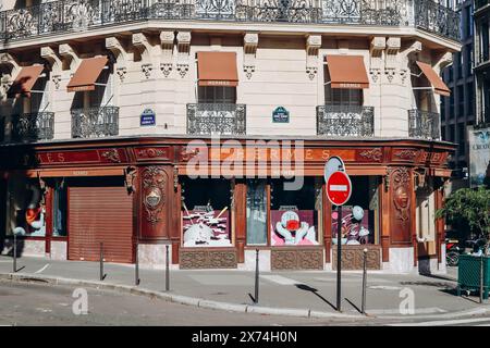 Paris, France - September 24, 2023: Facade of Hermes historic boutique at 42 Avenue George V in Paris Stock Photo