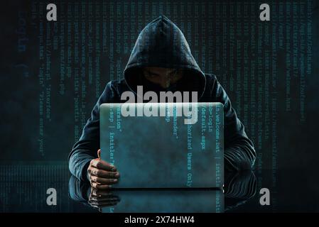 Coding, overlay and hacker on laptop in dark for programming, malware and information technology. Cybersecurity, user interface and person with Stock Photo