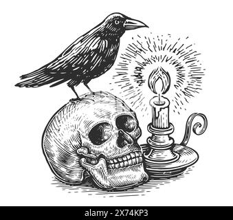 Human skull with raven on its head, burning candle in candlestick. Clipart hand drawn sketch vector drawing Stock Vector