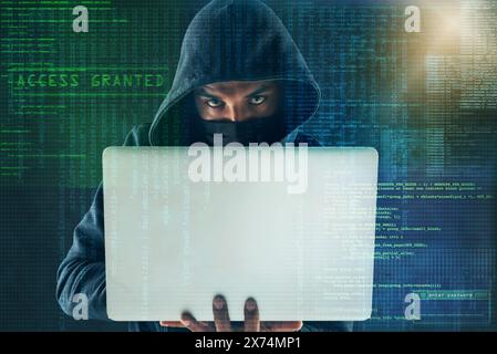 Overlay, coding and portrait of hacker on laptop for programming, malware and information technology in dark. Cybersecurity, user interface and person Stock Photo