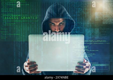 Overlay, programming and portrait of hacker on laptop for coding virus, malware and information technology. Dark, user interface and person on Stock Photo