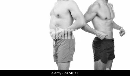 photo of men with belly abs comparison, copy space. belly abs comparison of men Stock Photo