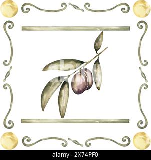 Watercolor olive branches ornament tile illustration, hand drawn gold frame and olive leaves, olives print texture. Vintage wallpaper. Stock Photo