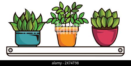 Cute beautiful houseplants pots cartoons. A set of ceramic plant pots with lush green succulents. Stock Vector