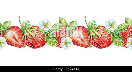 Strawberry. Berries, leaves and flowers. Seamless border. Hand drawn watercolor illustration in botanical style isolated on white background. For juic Stock Photo