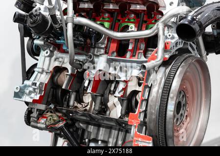 Close up Detail of an educational sample of a  four-stroke internal combustion engine in section. Car parts and repair concept Stock Photo