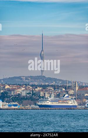 Landscape of Istanbul city with New Kucuk Camlica TV Radio Tower, a telecommunications tower with observation decks and restaurants. Stock Photo