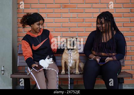 Canoas, Brazil. 17th May, 2024. Two young people and a dog sit outside in the emergency shelter on the campus of Ulbra University, where victims of the devastating floods were accommodated. According to the civil defense, almost 540,000 people had to leave their homes due to the floods and more than 76,000 people had to be accommodated in emergency shelters. Credit: Carlos Macedo/dpa/Alamy Live News Stock Photo