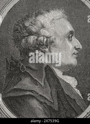 Nicolas de Condorcet (Marie-Jean-Antoine Nicolas de Caritat) (1743-1794). Marquis of Condorcet. French philosopher and mathematician. During the French Revolution he sided with the Girondins. In 1791 was elected representative of Paris in the Legislative Assembly. Portrait. Engraving. 'History of the French Revolution'. Volume I, 1876. Stock Photo