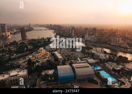 A hazy sunset over Zamalek, a suburb located on an island in the Nile River, Cairo, Egypt Stock Photo