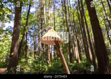 Collection of birdhouses made by children and placed on fallen trees in the forest. Stock Photo