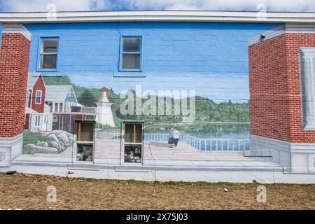 Mural of river and Ritchie Wharf Park in downtown Newcastle in Miramichi, New Brunswick, Canada Stock Photo