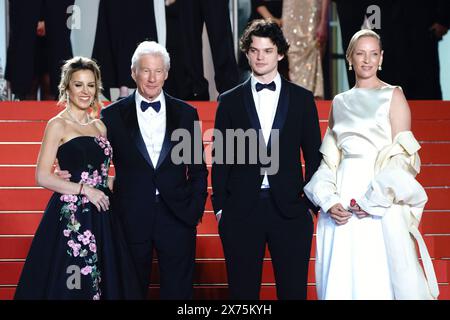 Cannes, France. 17th May, 2024. Alejandra Silva, Richard Gere, Homer James Jigme Gere and Uma Thurman attends Oh, Canada Screening red carpet at the 77th annual Cannes Film Festival at Palais des Festivals on May 17, 2024 in Cannes, France Stock Photo