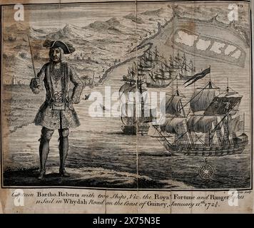 Illustration of Captain Bartholomew Roberts with two ships the Royal Fortune and the Ranger taking sail from Whydah Road Ouidah on the Coast of Guinea Stock Photo