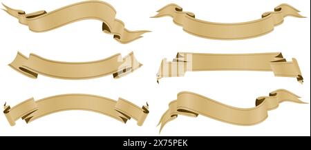 six set of golden ribbons banners isolated white backgrounds for decks, collages, scene design, User interface, Branding or identity campaigns Stock Vector