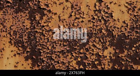 Rusted metal surface with peeling paint, revealing intricate patterns and textures. The decayed appearance adds a vintage, weathered look, ideal for backgrounds or artistic projects Stock Photo