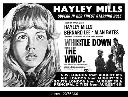 1961 British advertisement for the movie Whistle Down The Wind, starring Hayley Mills, Bernard Lee and Alan Bates, directed by Bryan Forbes. Stock Photo