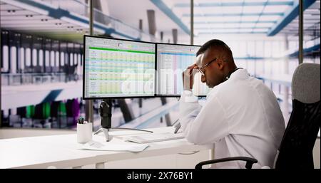 Sad Man Doctor Stress And Pain At Computer Stock Photo