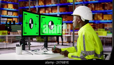 Engineer Using PC Monitor With Green Screen At Warehouse Stock Photo
