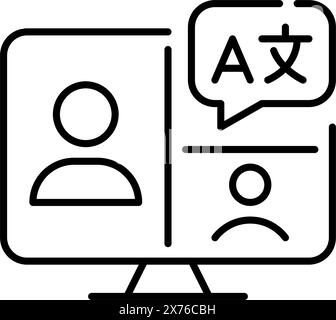 Video call with several people learning languages on computer. Remote learning and exchange. Pixel perfect vector icon Stock Vector