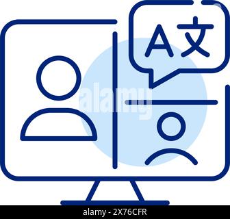 Video call with several people learning languages on computer. Remote learning and exchange. Editable vector icon Stock Vector